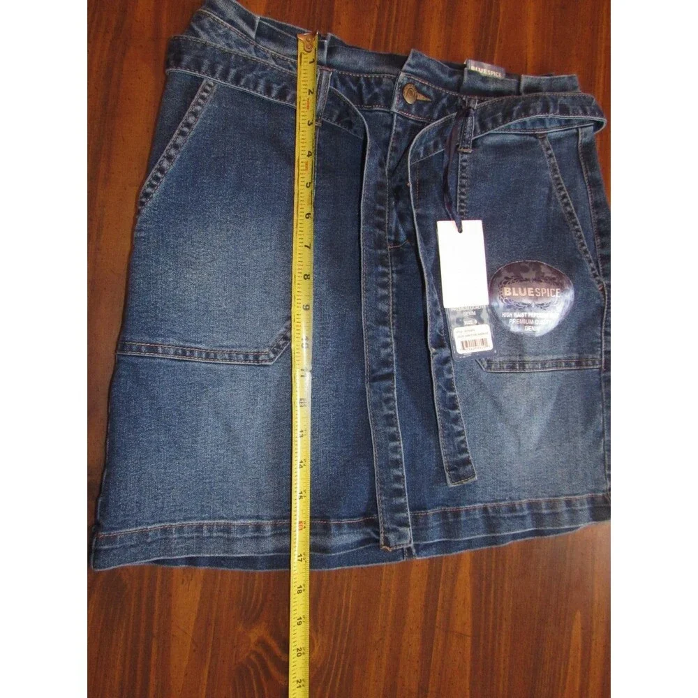 Juniors 9 Denim Mini Skirt Paper Bag High Waist Straight Blue Spice NWT Belted